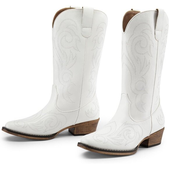 Dream Pairs Women's White Mid Calf Cowgirl Boots Square Toe Chunky Heel Shoes - Picture 3 of 8